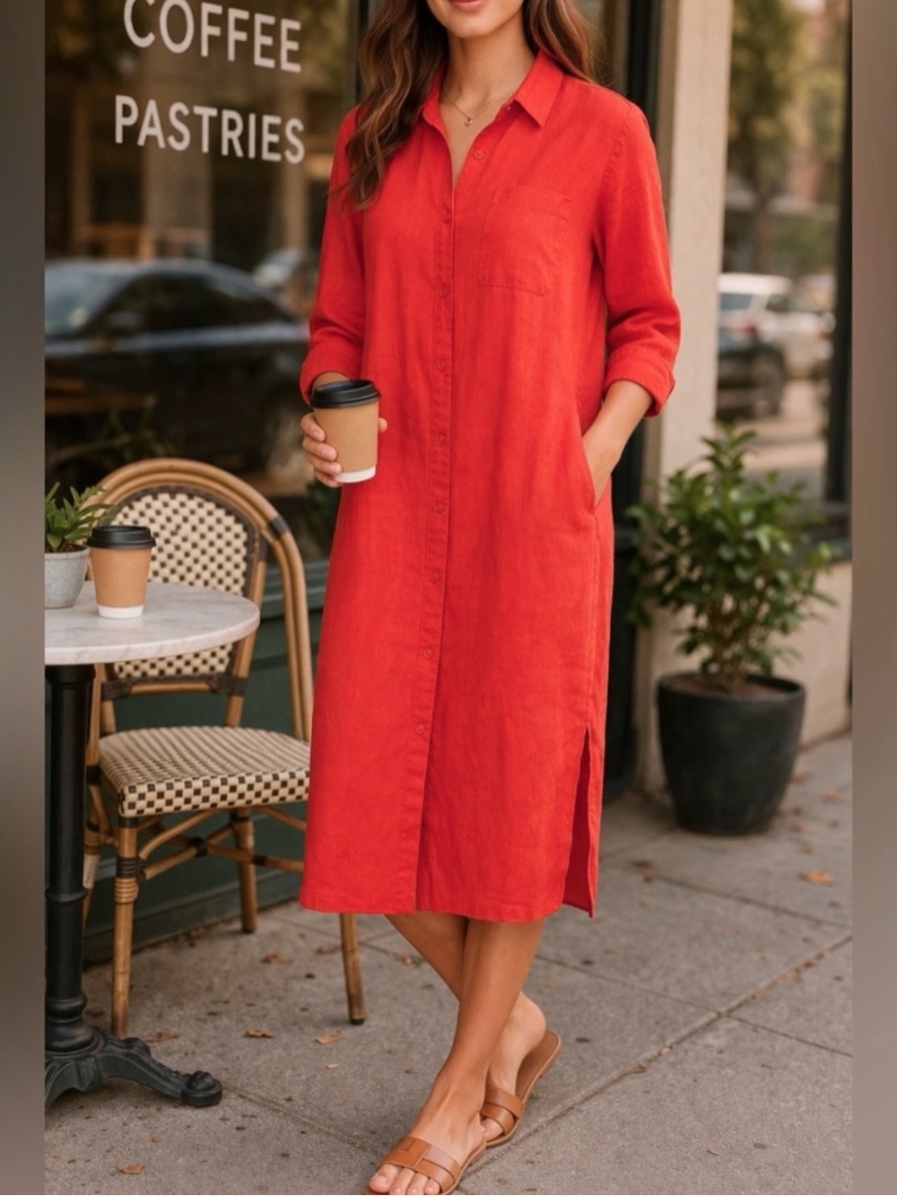 The Drop Riona Red Linen Shirt Dress Size Large Midi Button Front Lagenlook